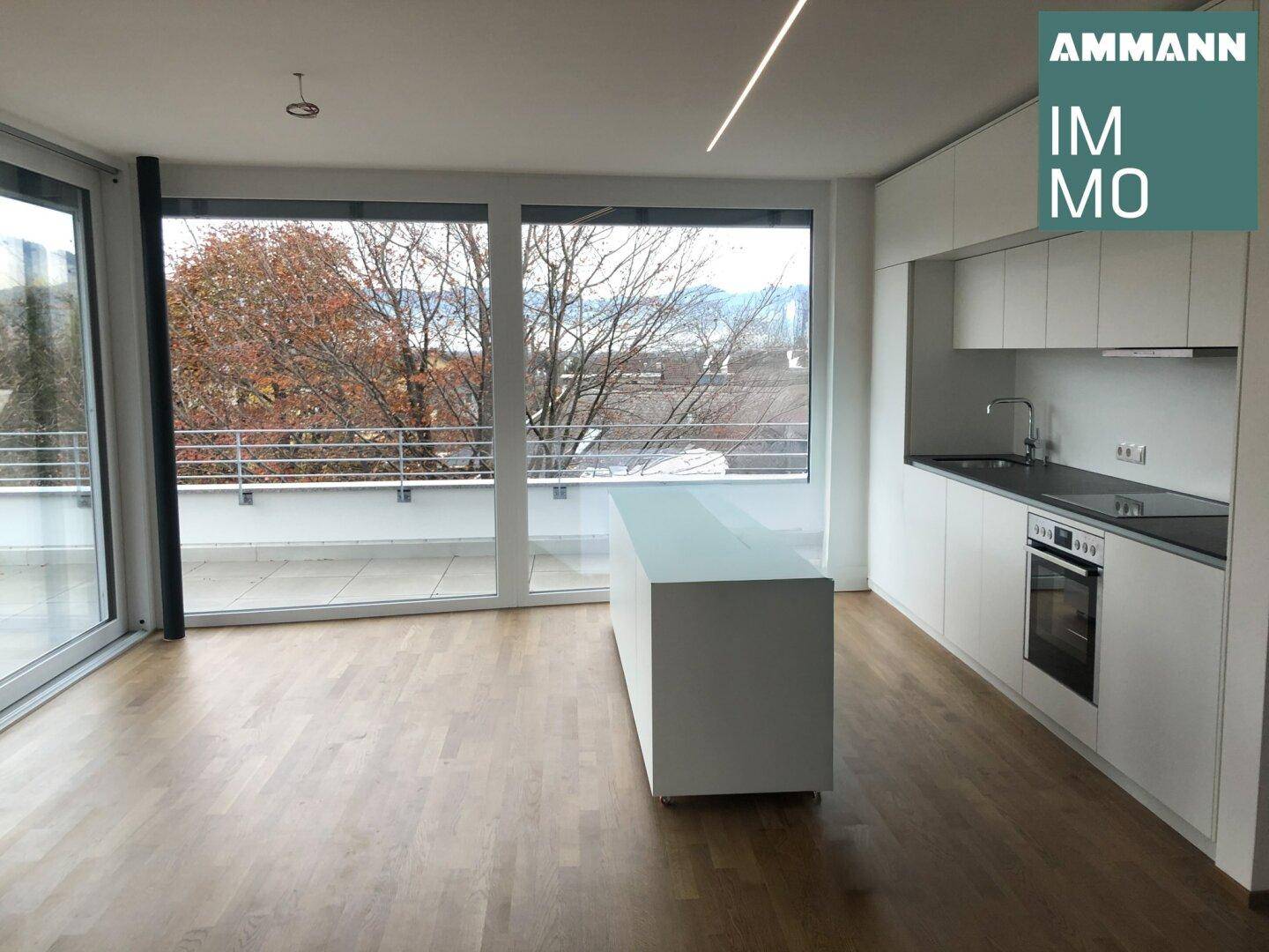 Moderne Einbauküche in Weiß mit Kochinsel, integrierten Geräten und großen Fenstern mit Ausblick.