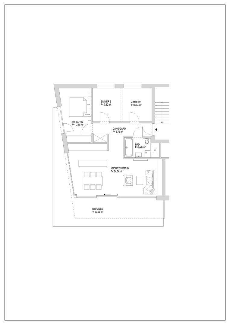 Grundriss einer Wohnung mit offenem Wohn-Ess-Kochbereich, drei Schlafzimmern und einer großzügigen Terrasse.