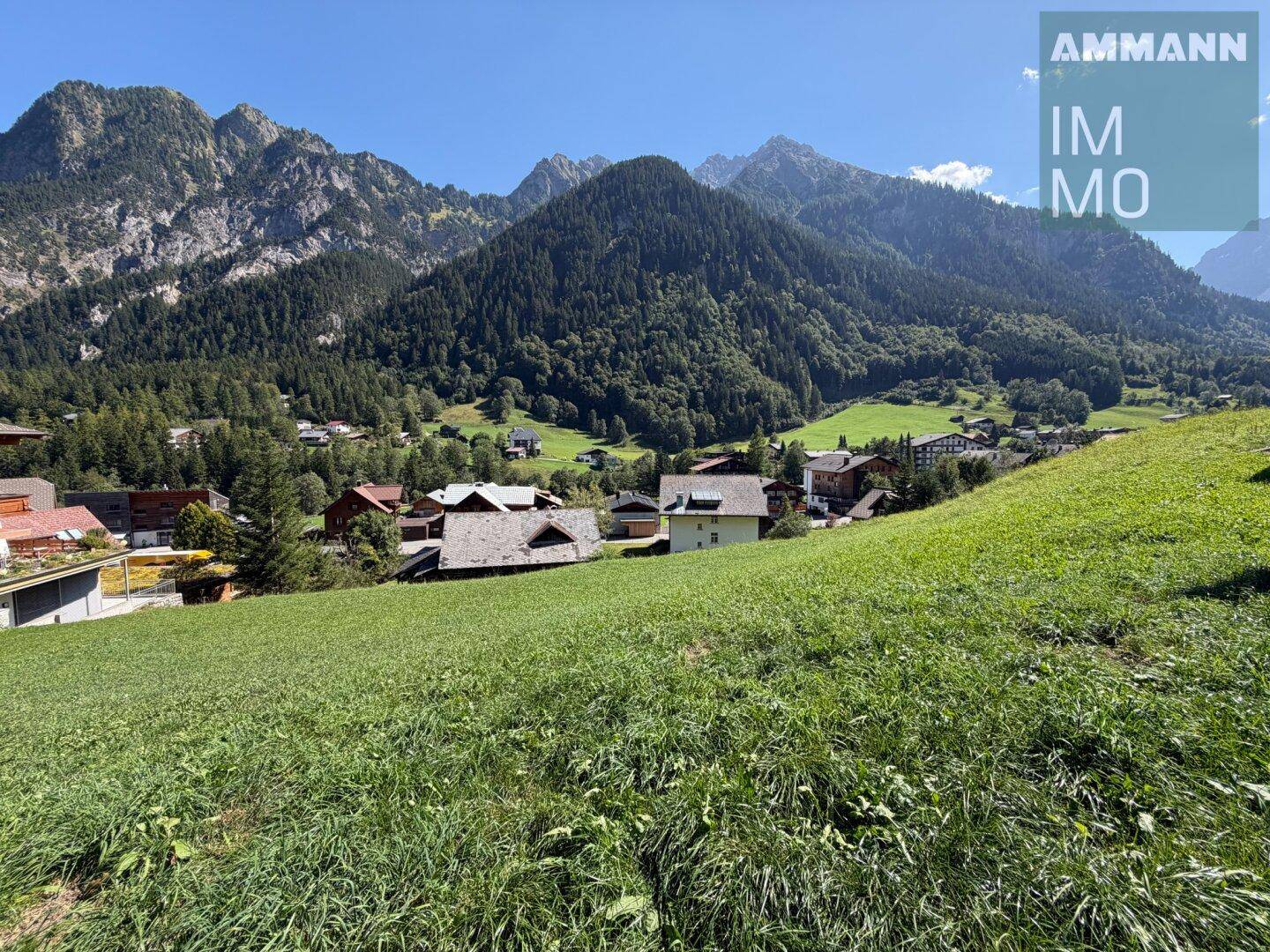 Idyllischer Ausblick auf die grüne Natur und die traditionelle Bebauung inmitten der Alpenlandschaft.