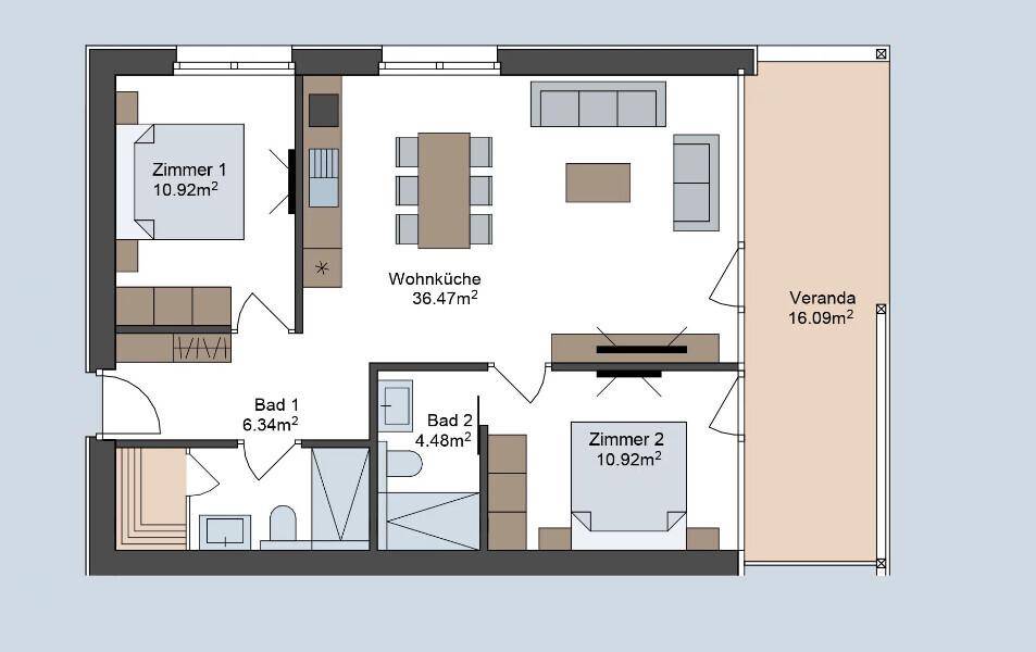 Grundriss einer Wohnung mit zwei Schlafzimmern, zwei Bädern und offener Wohnküche mit Veranda.
