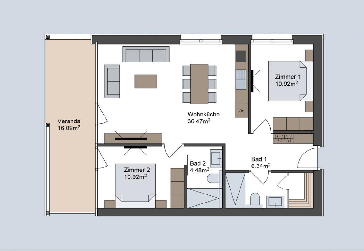 Grundriss einer Wohnung mit offener Wohnküche, zwei Schlafzimmern und einer Veranda.