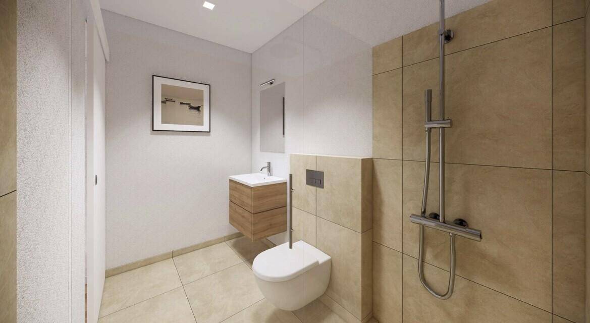 Modernes Badezimmer mit begehbarer Dusche, Wand-WC und beigefarbenen Fliesen.
