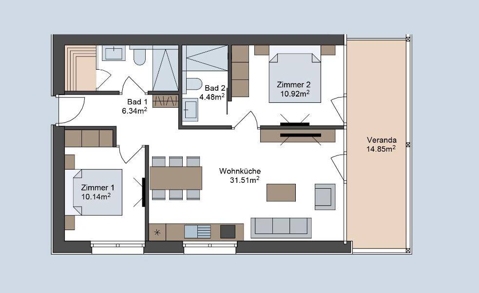 Grundriss einer Wohnung mit zwei Schlafzimmern, zwei Bädern und offener Wohnküche mit Veranda.