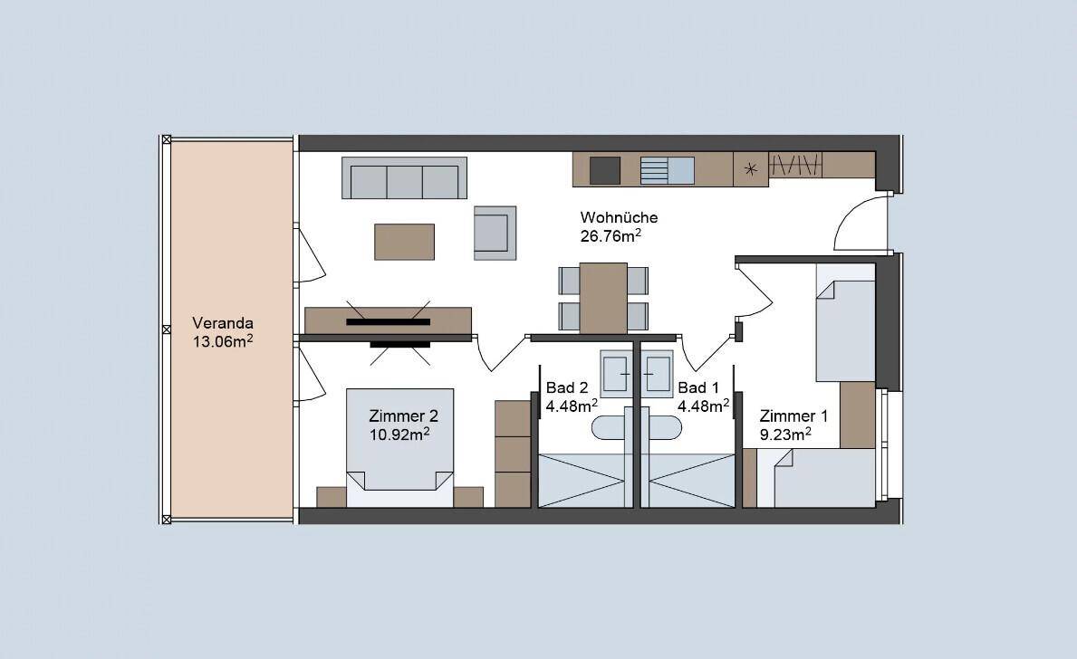 Grundriss einer Wohnung mit zwei Schlafzimmern, zwei Bädern und offener Wohnküche mit Veranda.