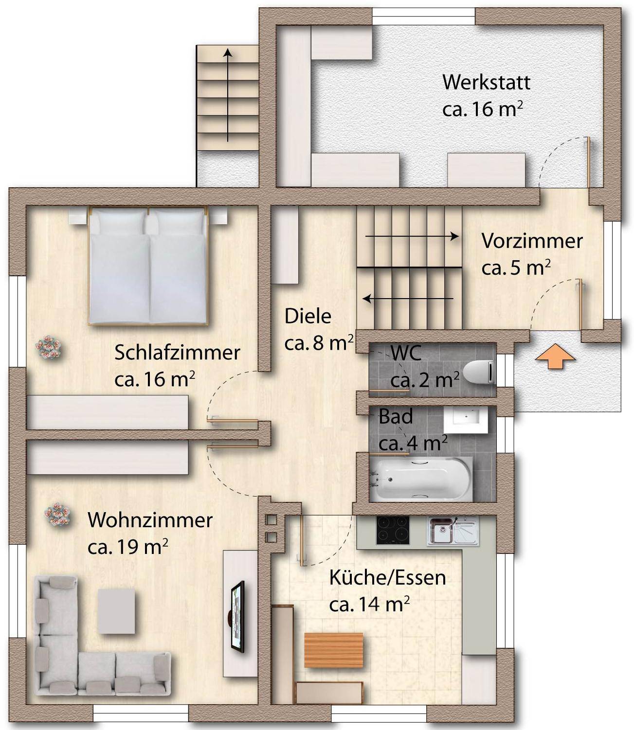 Grundriss des Erdgeschosses mit Wohnzimmer, Küche, Bad und Schlafzimmer, effiziente Raumaufteilung.