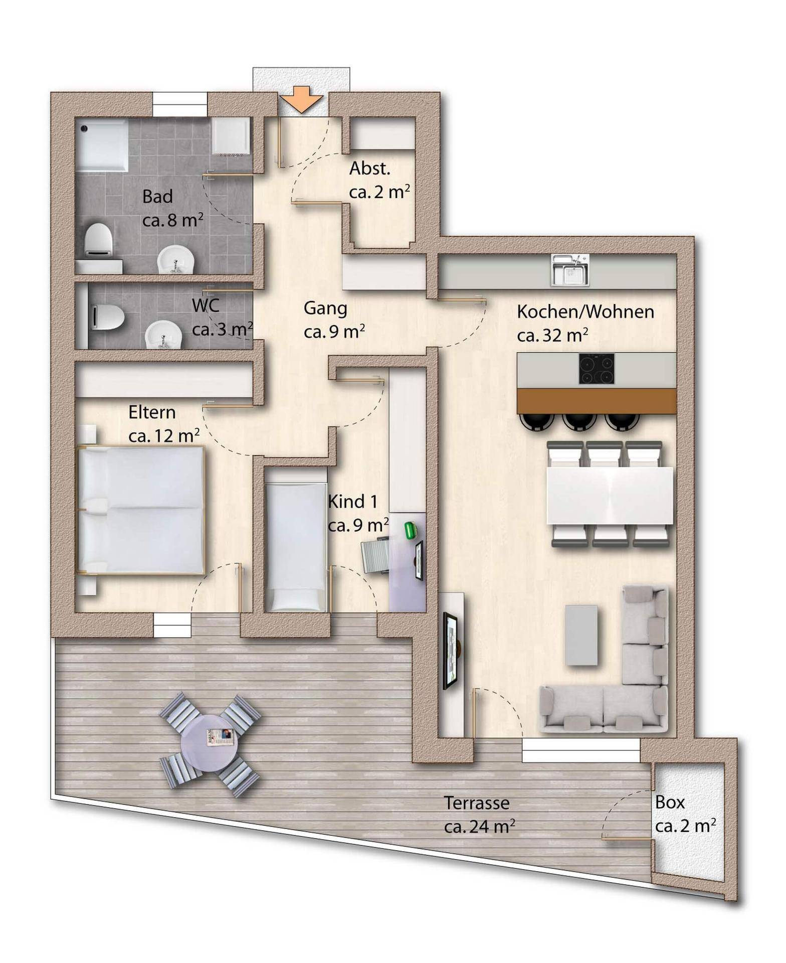 Detaillierter Grundriss einer Wohnung mit drei Zimmern, offener Küche und großer Terrasse.