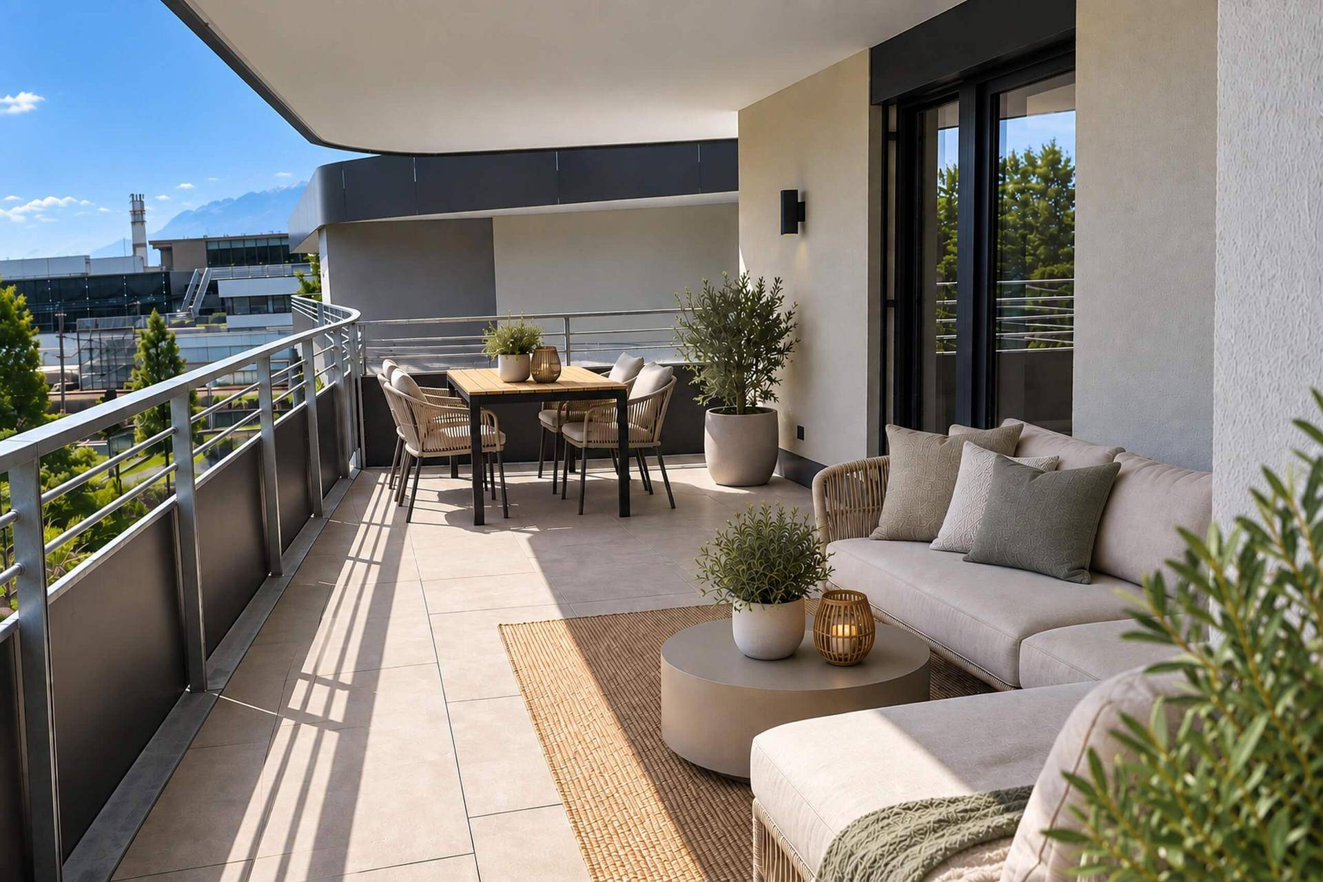 Geräumiger Balkon mit modernen Outdoor-Möbeln, Pflanzen und Blick auf die Umgebung und Berge.