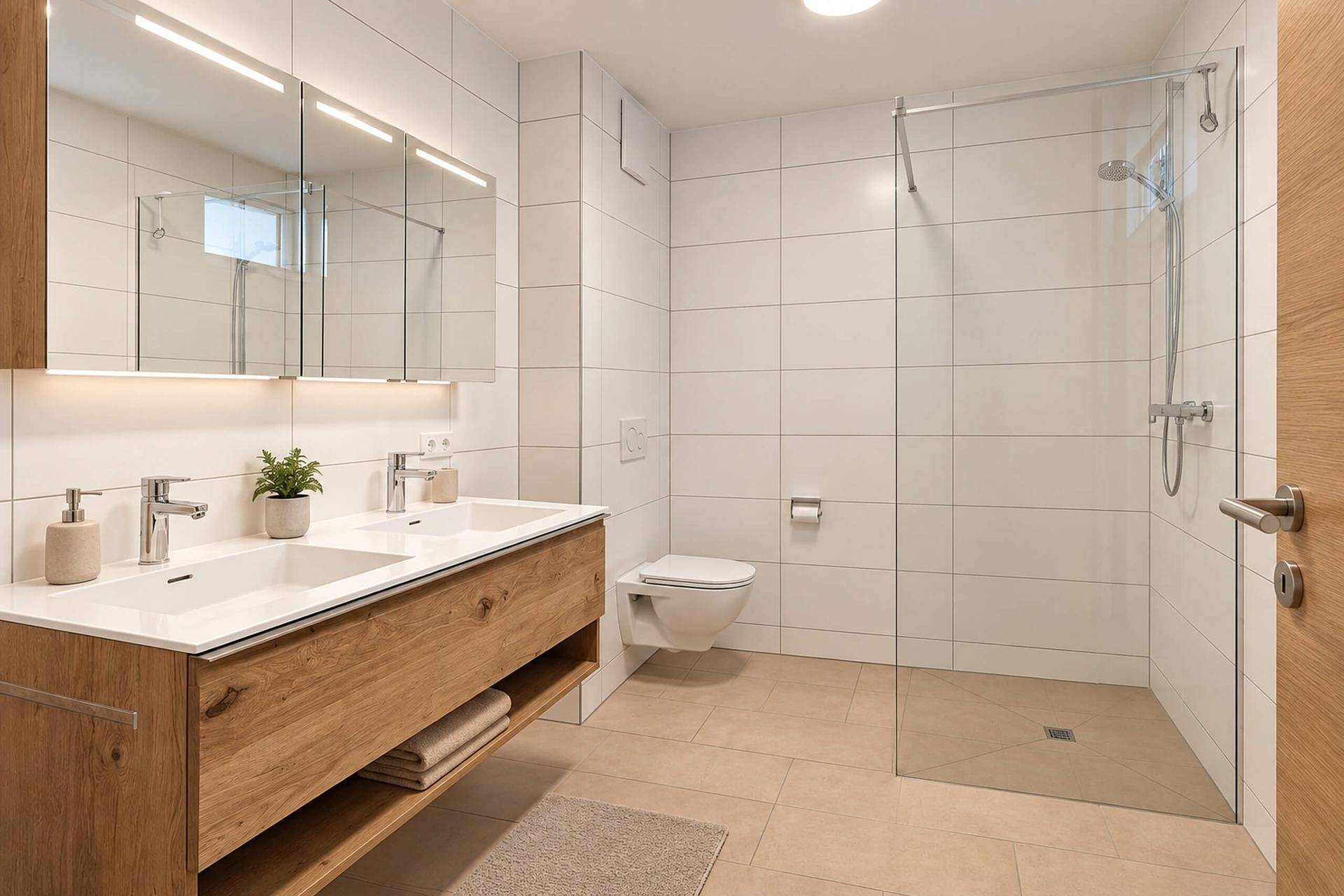 Modernes Badezimmer mit Doppelwaschbecken, großer begehbarer Dusche und hellen Fliesen.