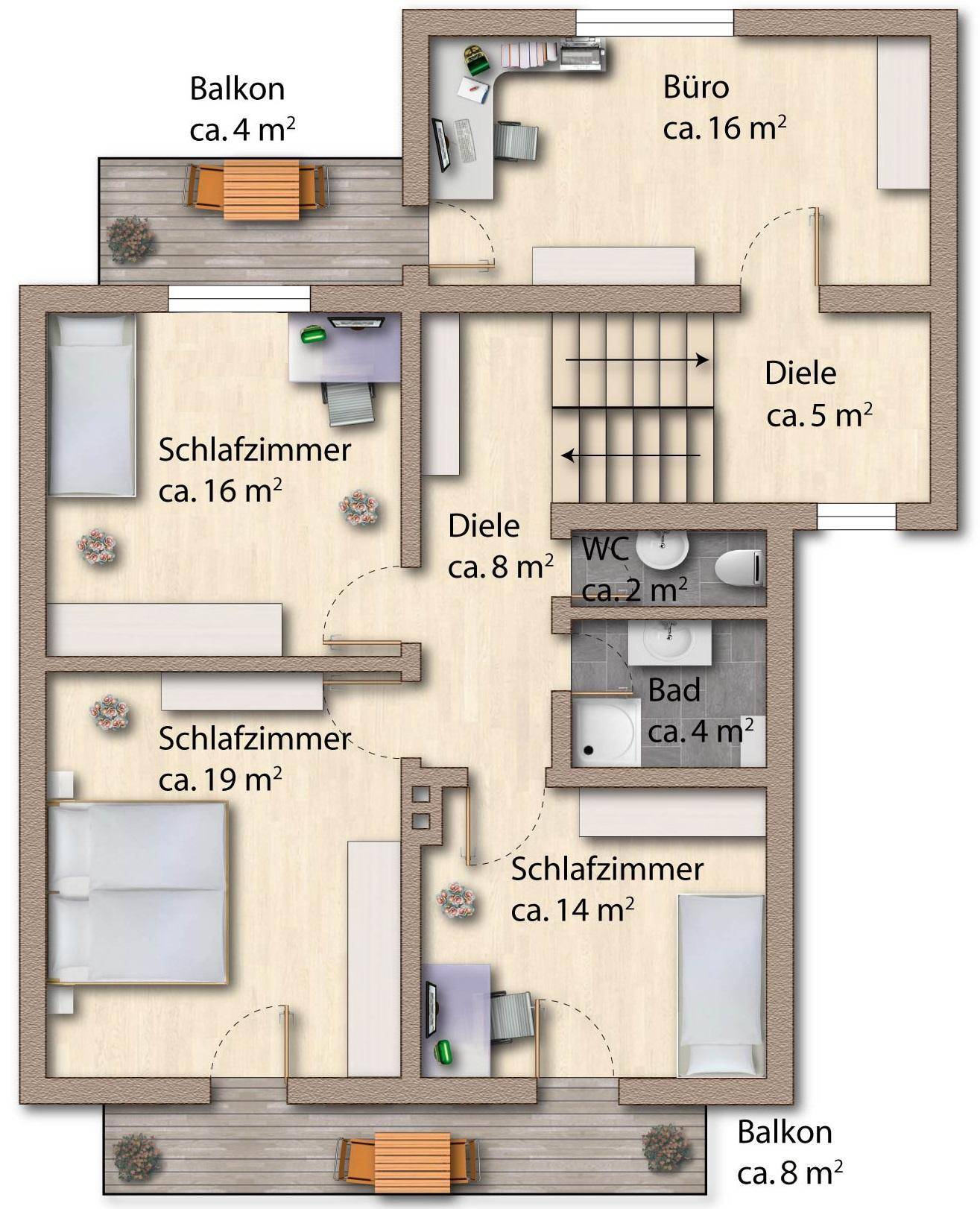 Grundriss des Obergeschosses mit mehreren Schlafzimmern, Büro und Balkonen, vielseitige Nutzung.