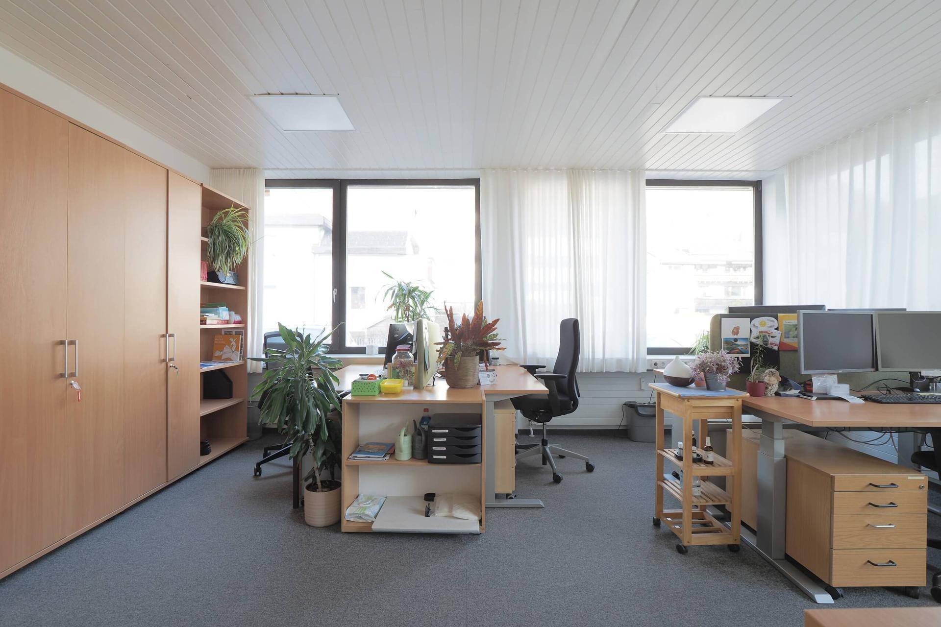 Großes, offenes Büro mit mehreren Arbeitsplätzen, Holzschränken und großen Fenstern für eine helle Arbeitsumgebung.