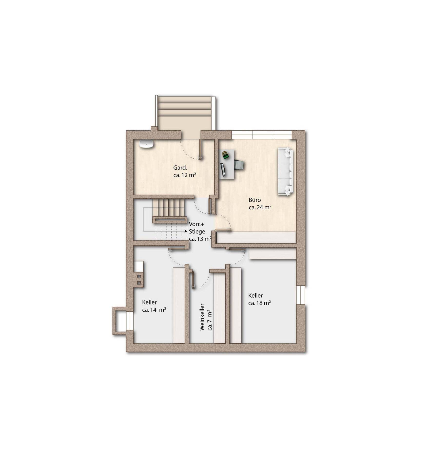 Grundriss des Untergeschosses mit Keller, Weinkeller, Büro und Garderobe.