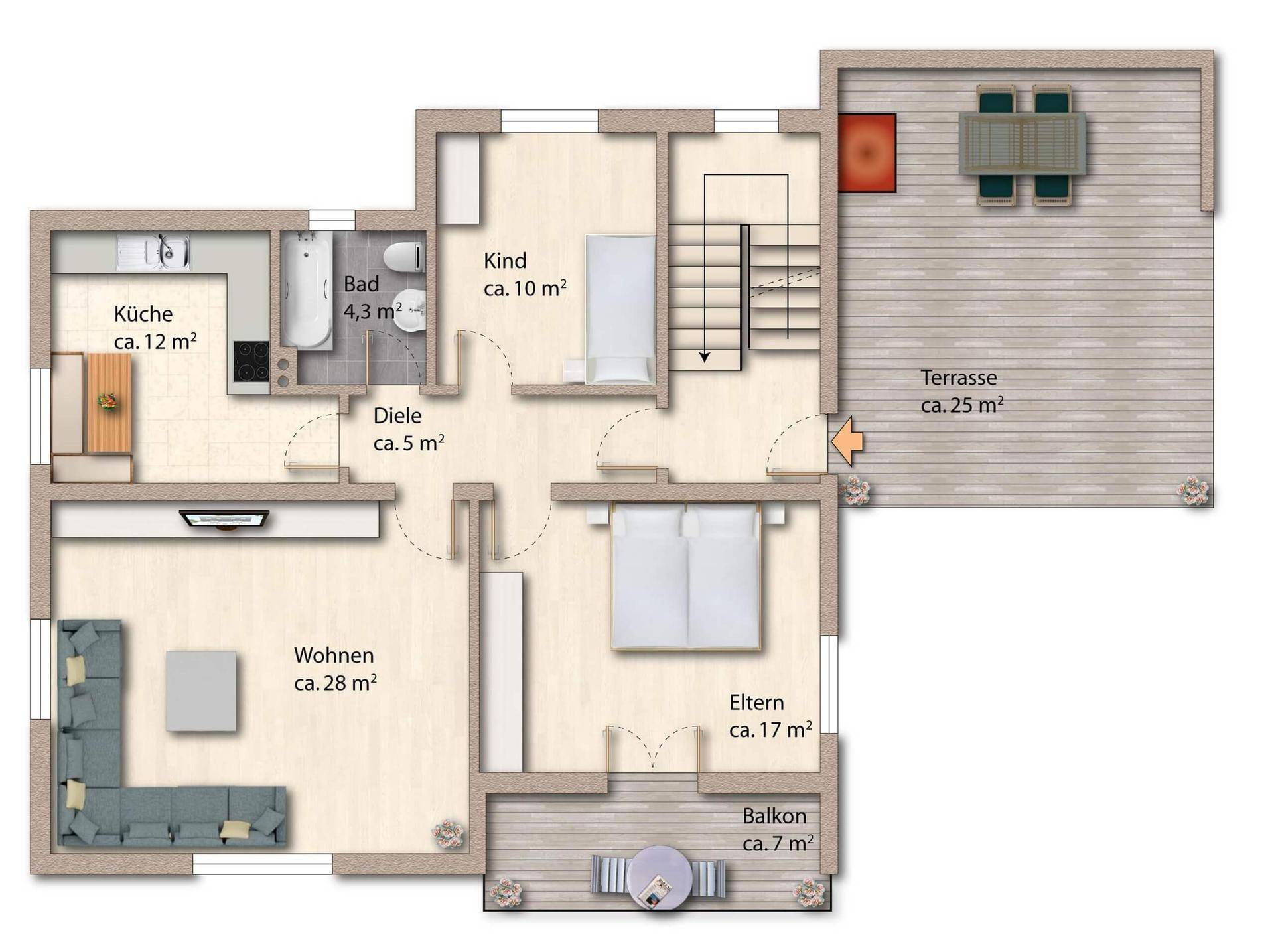 Grundriss des Dachgeschosses mit Wohnbereich, Schlafzimmern, Bad, Balkon und großer Terrasse.
