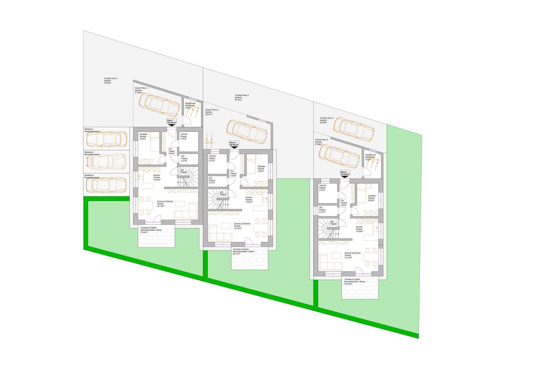 Grundrisspläne von drei Reihenhäusern mit mehreren Etagen und integrierten Carports.