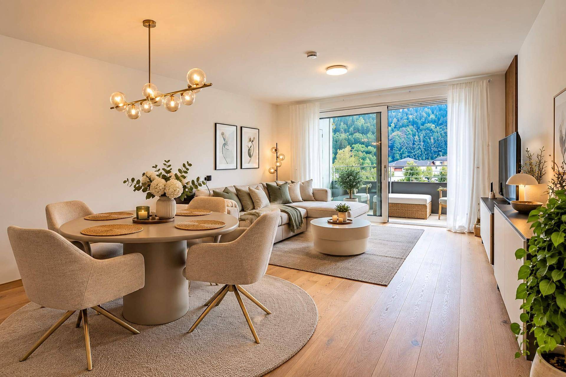 Heller Wohn- und Essbereich mit Holzboden, modernem Mobiliar und Zugang zu einem Balkon mit Bergblick.