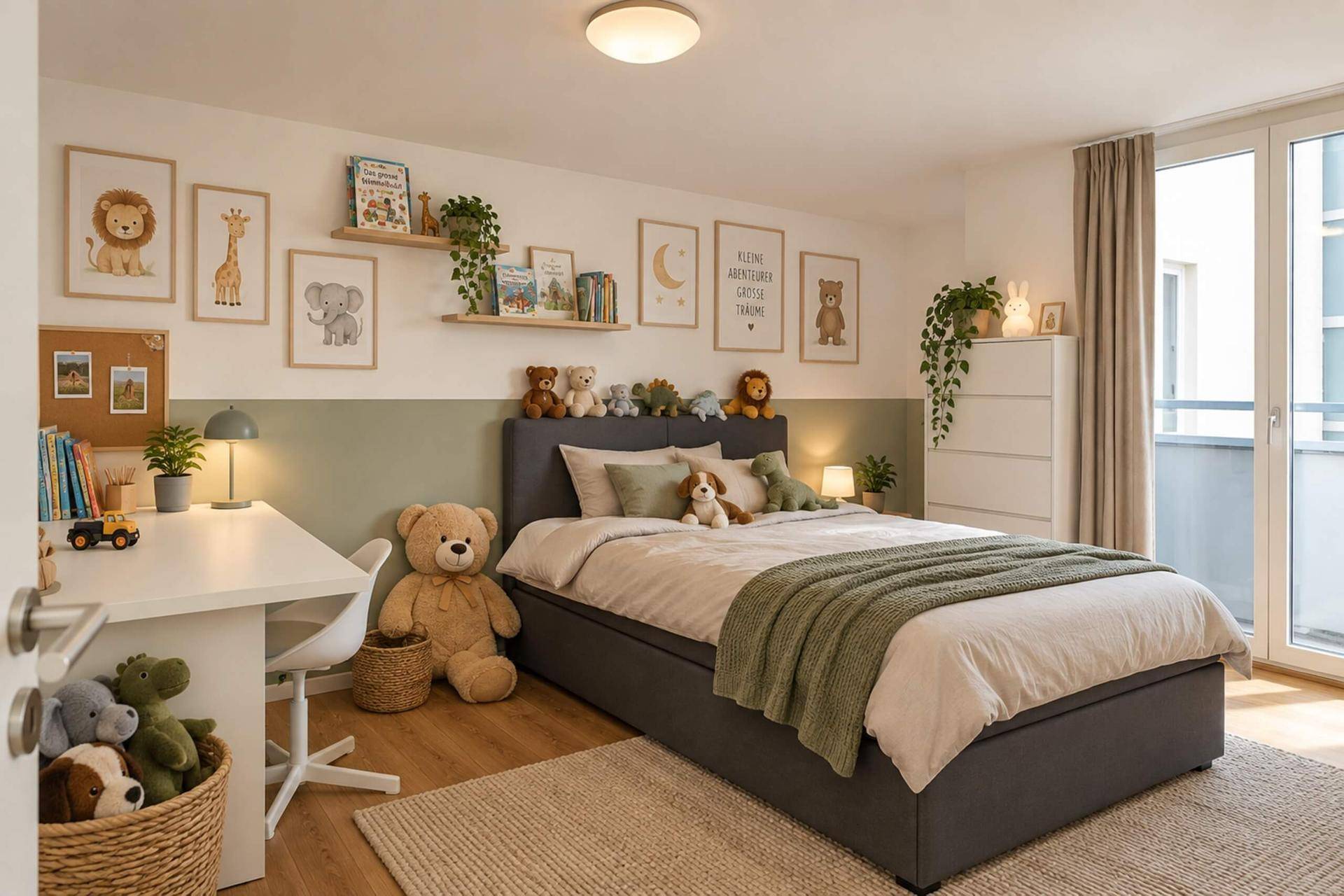 Kinderzimmer mit Einzelbett, Schreibtisch, Spielzeug und Zugang zu einem Balkon.