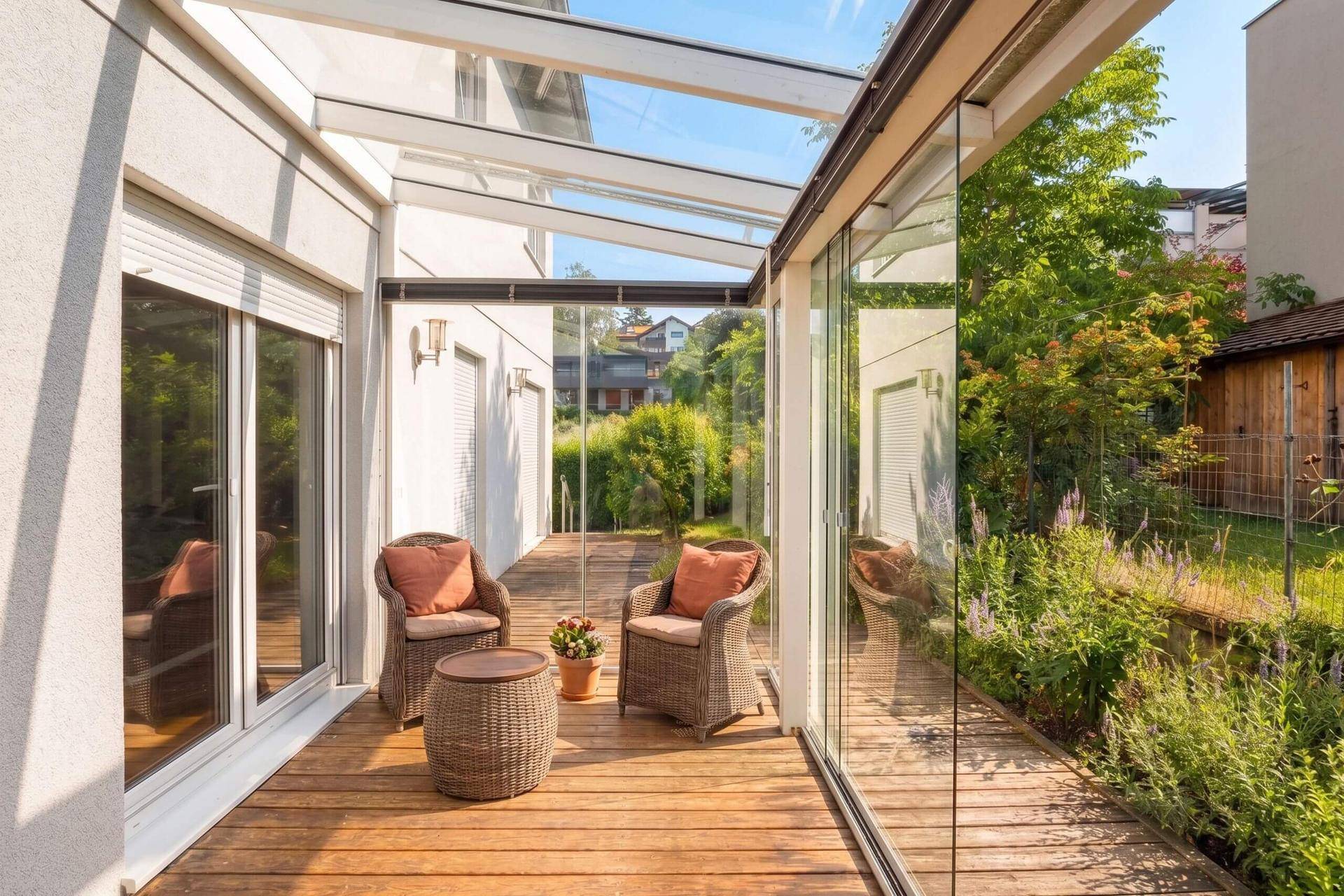 Heller Wintergarten mit Glaswänden, Holzdeck und gemütlicher Sitzecke.
