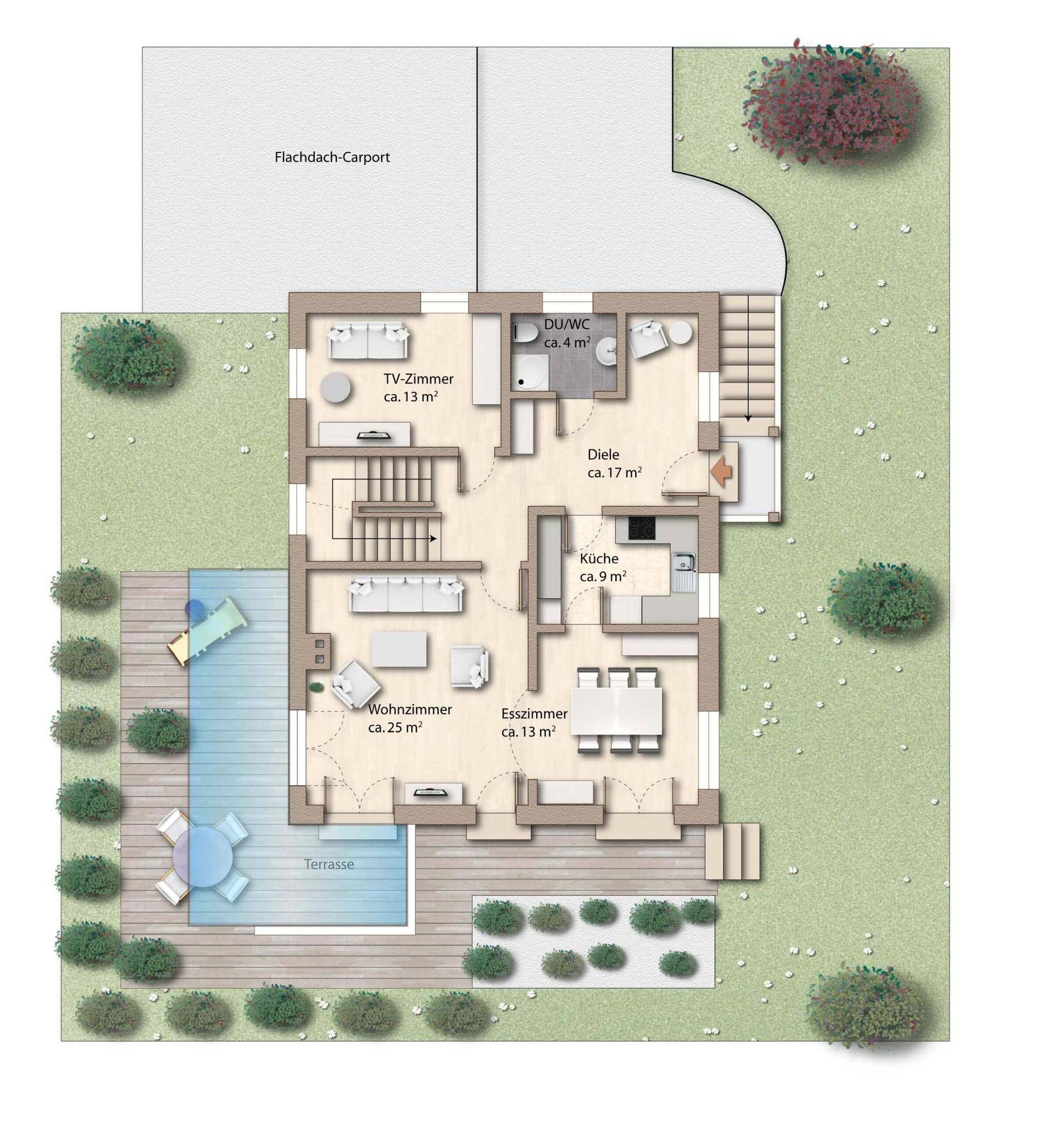 Grundriss des Erdgeschosses mit Wohnzimmer, Esszimmer, Küche und Terrasse.