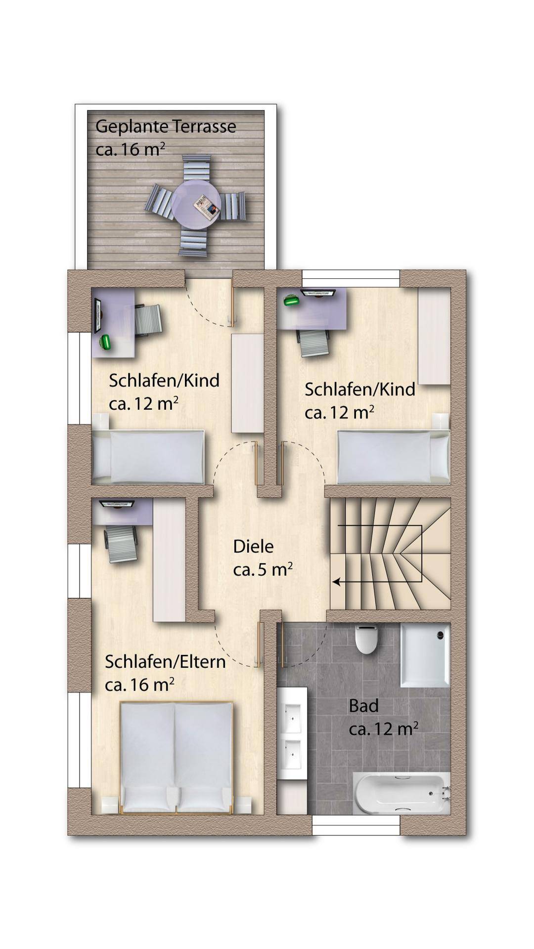 Grundriss des Obergeschosses mit drei Schlafzimmern, Badezimmer und geplanter Terrasse.