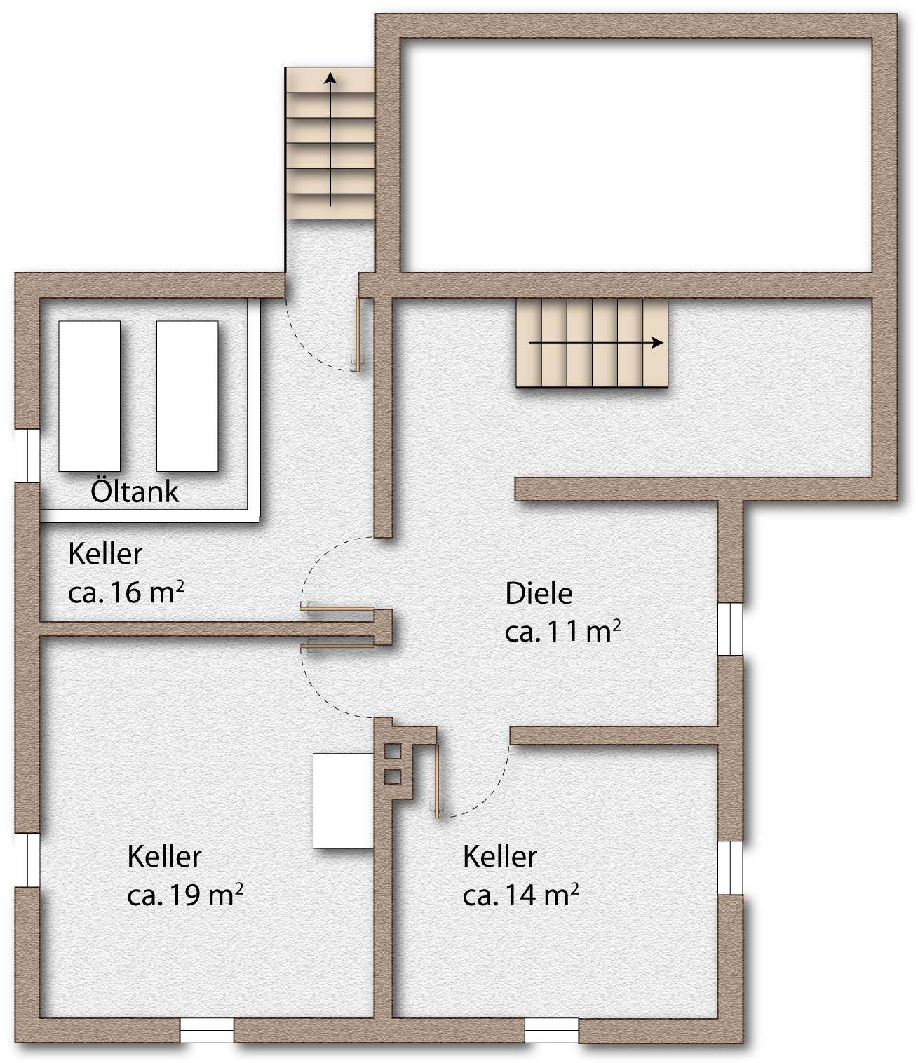 Grundriss des Kellergeschosses mit Öltank und mehreren Kellerräumen, praktisch aufgeteilt.