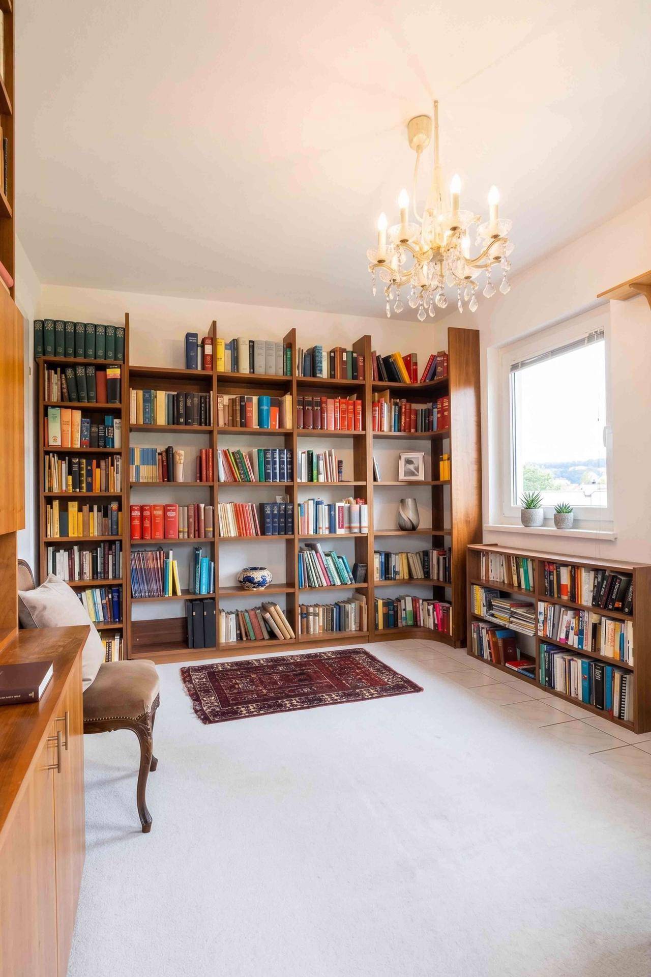 Geräumiges Arbeitszimmer mit Teppichboden, großen Bücherregalen und Kronleuchter.