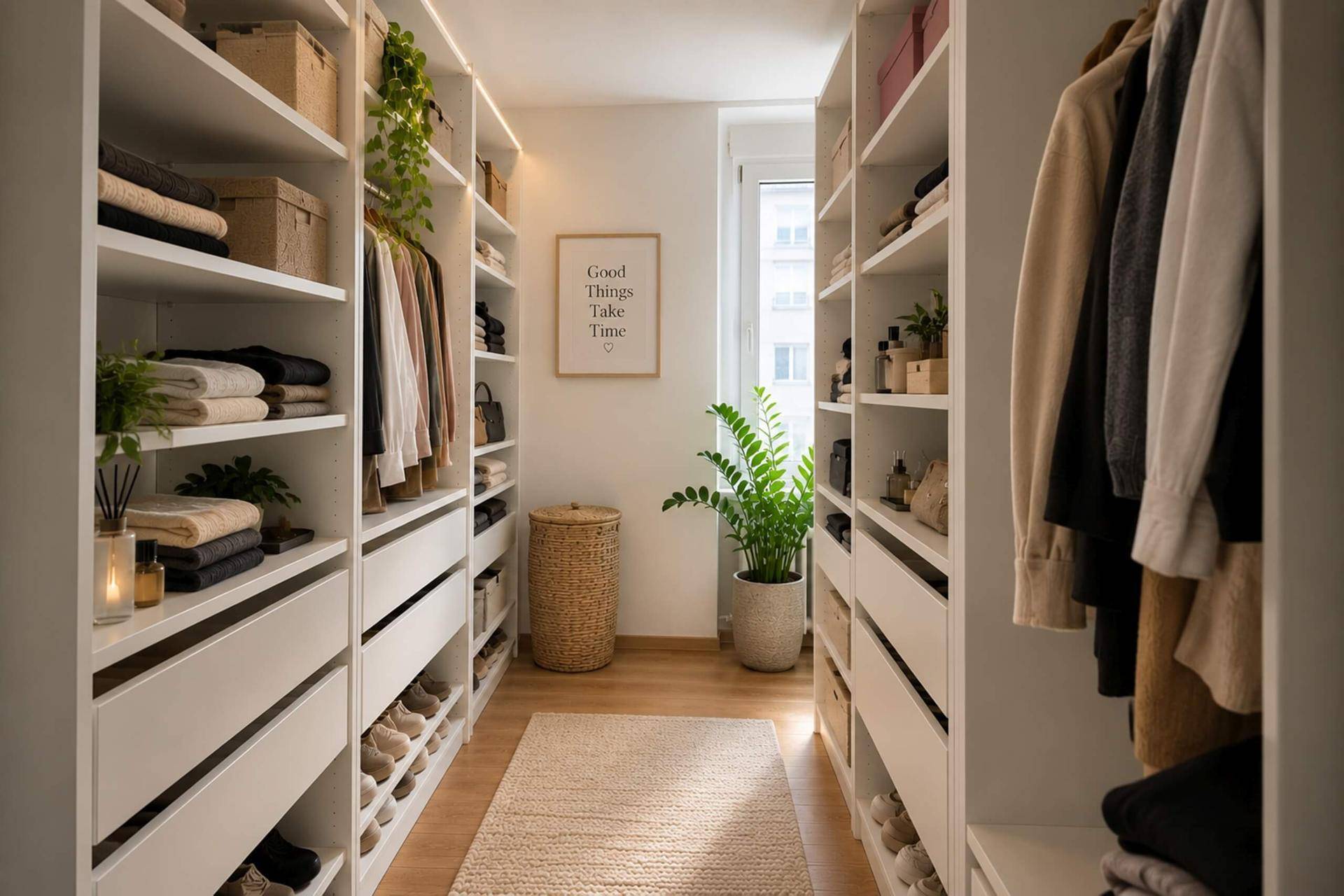 Heller begehbarer Kleiderschrank mit offenen Regalen, Schubladen und viel Stauraum.