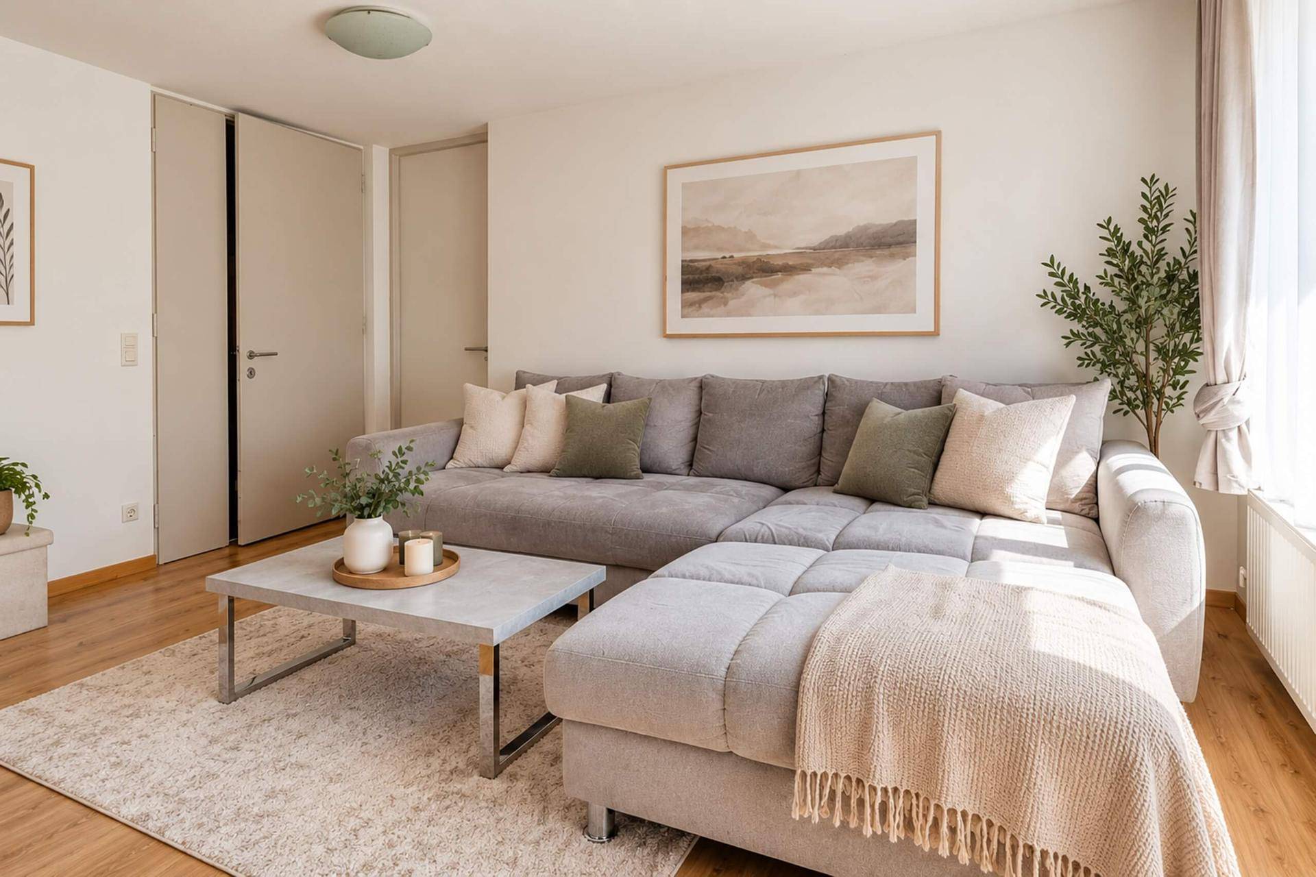 Gemütliches Wohnzimmer mit großem L-förmigem Sofa, Teppich und Holzboden.