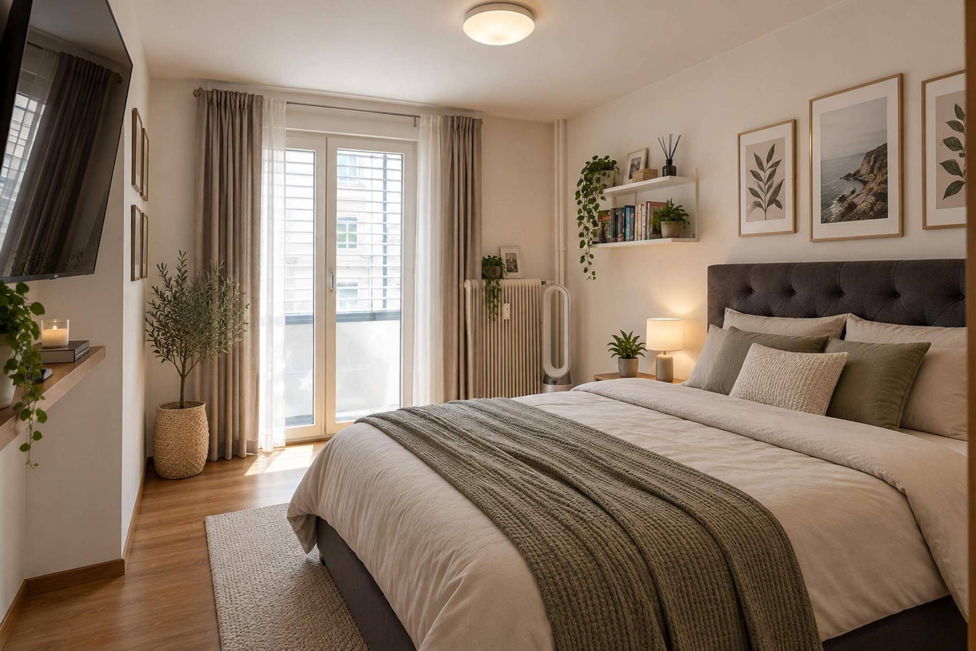 Schlafzimmer mit Doppelbett, Nachttischen, TV und Zugang zu einem Balkon.