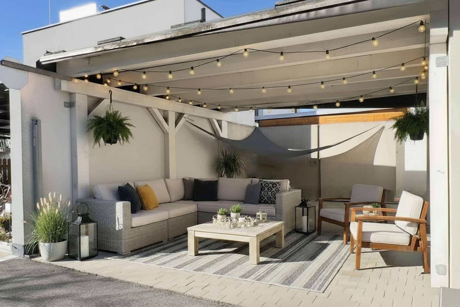 Gemütliche überdachte Terrasse mit bequemen Loungemöbeln und Lichterkette für entspannte Abende im Freien.