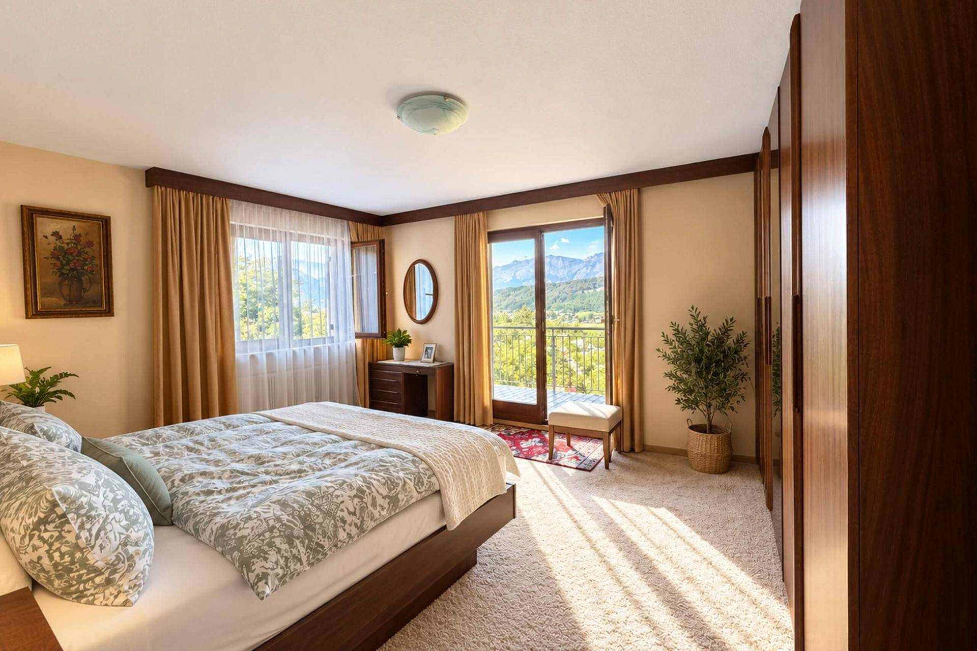 Schlafzimmer mit Teppichboden, Einbauschränken und Balkonzugang mit Bergblick.