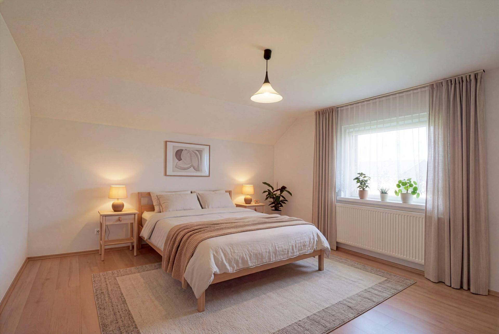 Helles Schlafzimmer mit Doppelbett, Teppich und Fenster mit Vorhängen, gemütlich eingerichtet.