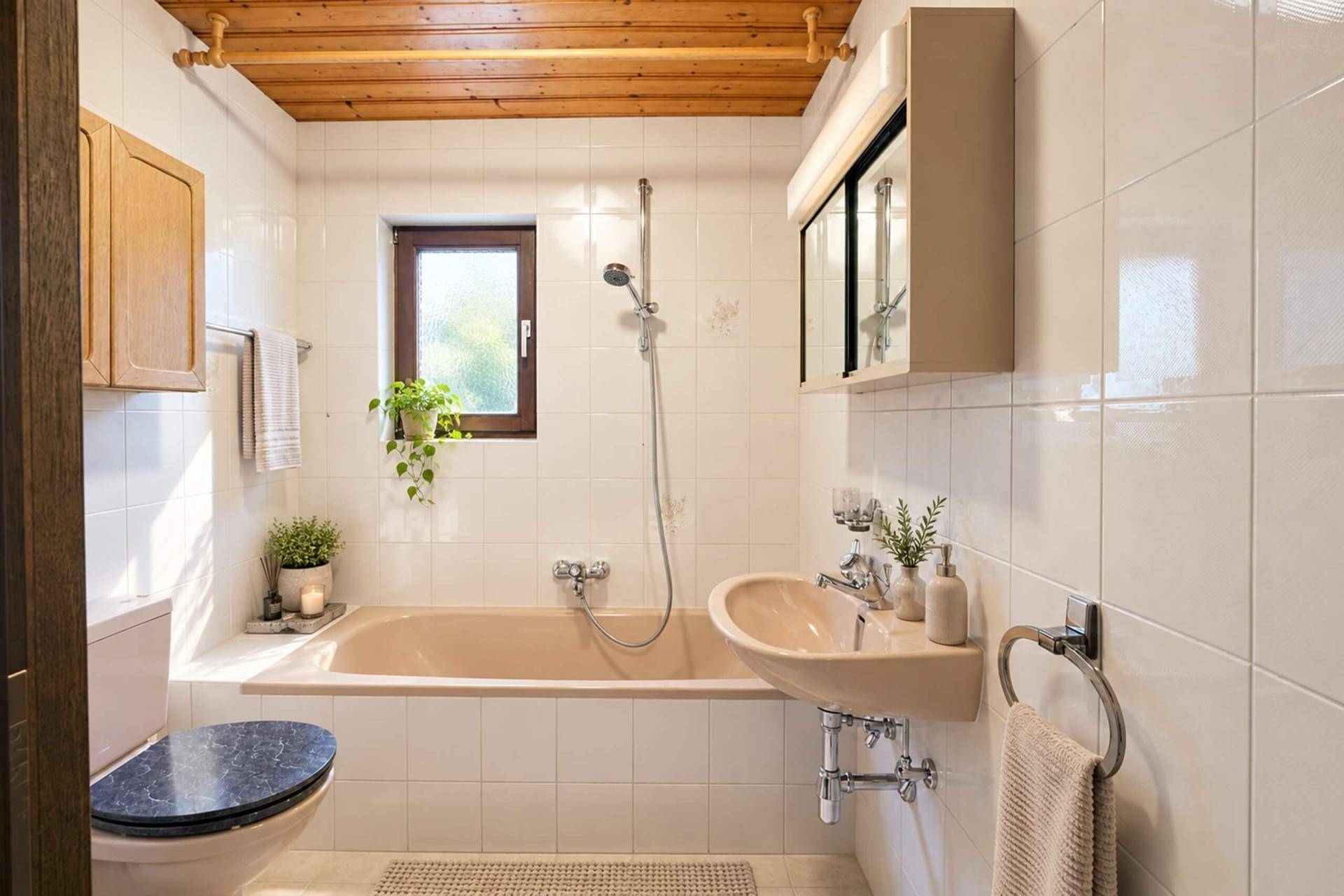Badezimmer im Stil der 80er Jahre mit Badewanne, Waschbecken und Holzdecke.