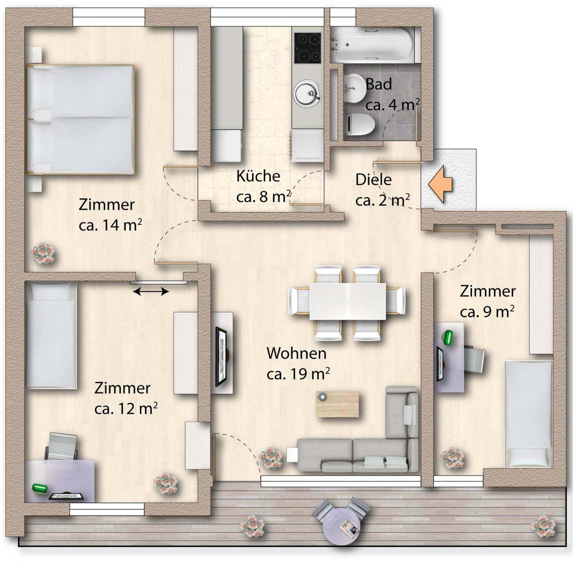 Grundriss einer Wohnung mit drei Zimmern, Wohnbereich, Küche, Bad und Balkon.