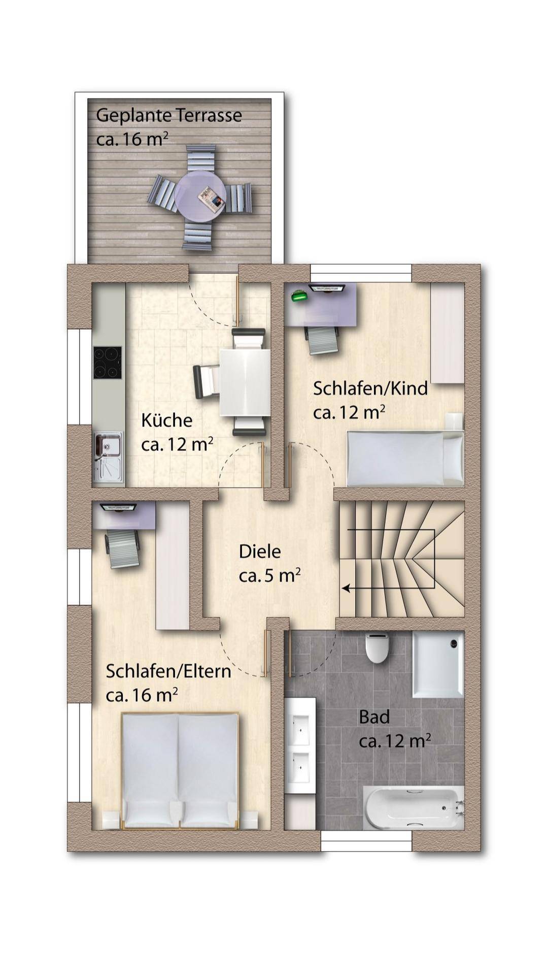 Grundriss des Obergeschosses mit drei Schlafzimmern, Badezimmer und geplanter Terrasse.