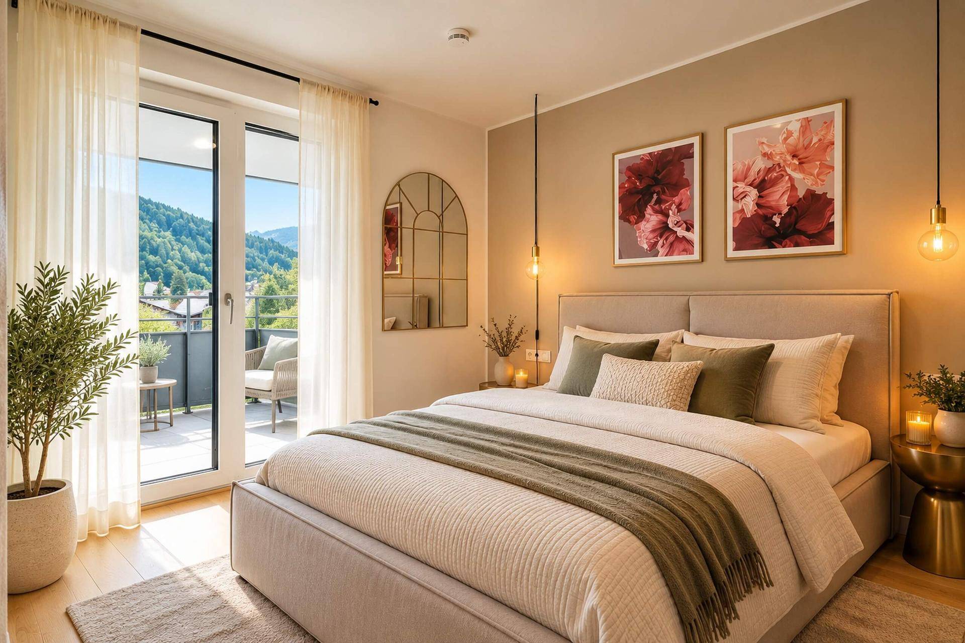 Helles Schlafzimmer mit Doppelbett, moderner Dekoration und direktem Zugang zu einem Balkon mit Bergblick.