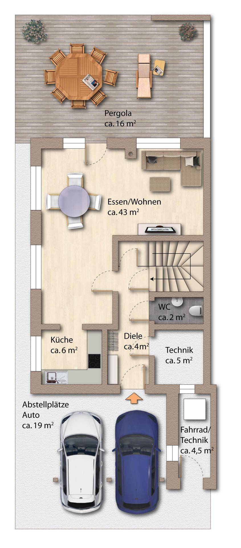 Grundriss des Erdgeschosses mit offener Küche, Wohn-Essbereich und direktem Terrassenzugang.