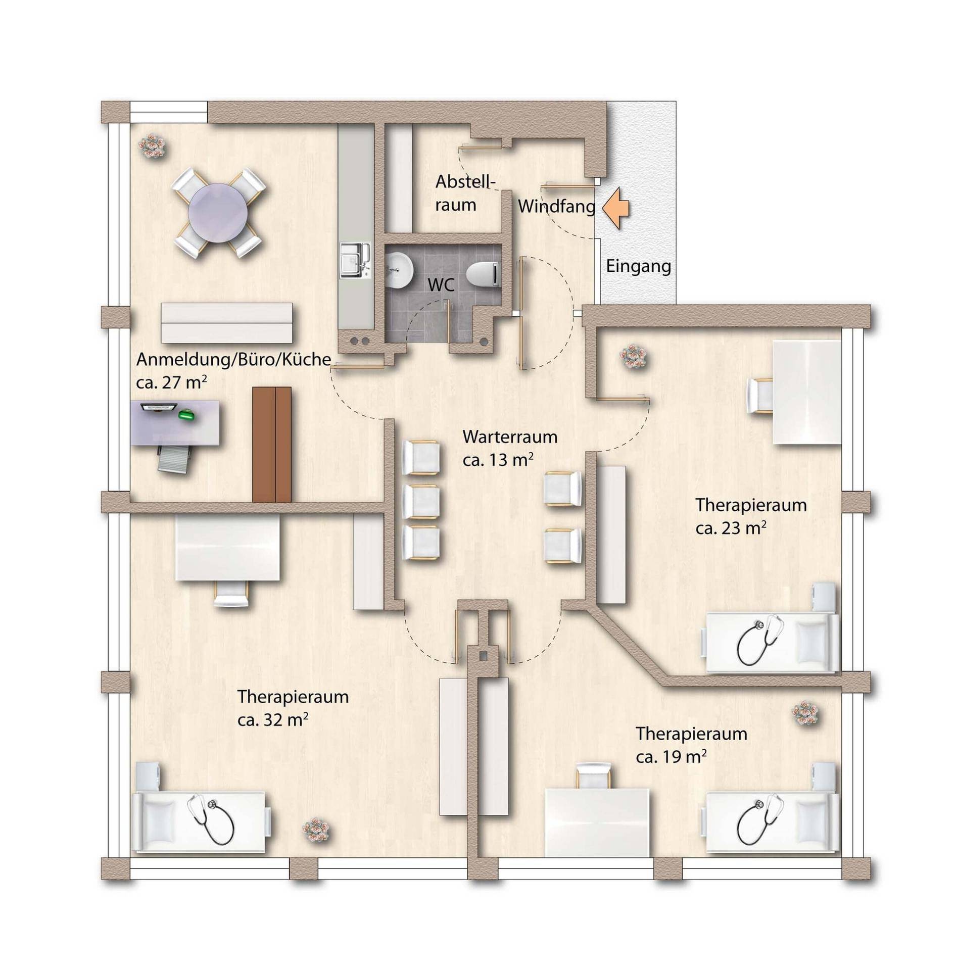 Alternativer Grundriss einer Praxisfläche mit Empfang, Wartezimmer und mehreren Therapieräumen.