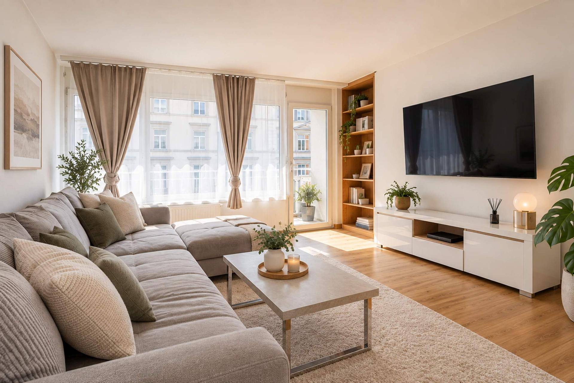 Lichtdurchflutetes Wohnzimmer mit beigem Ecksofa, Holzboden und modernem TV-Bereich.