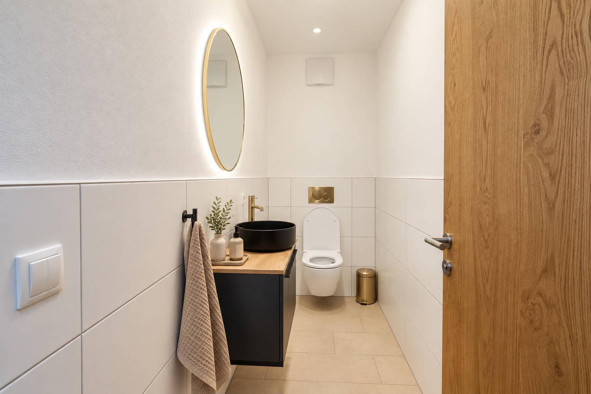 Stilvolles Gäste-WC mit modernem Waschbecken, runden Spiegel und hellen Fliesen.