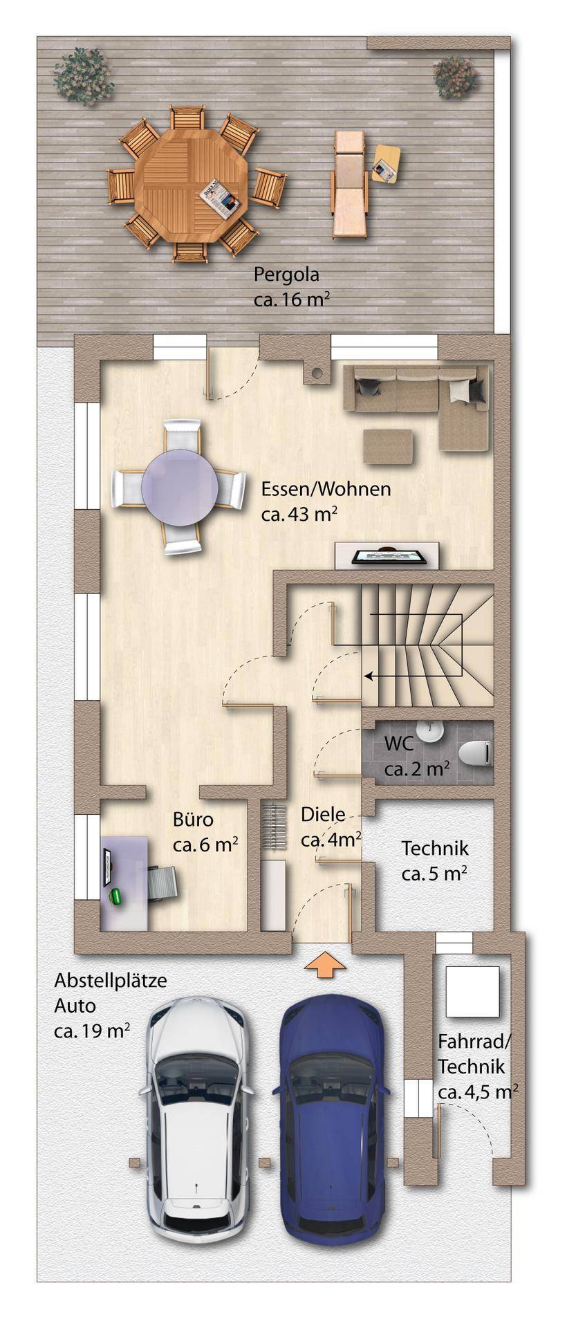 Grundriss des Erdgeschosses mit offenem Wohn-Essbereich, Büro und Zugang zur Terrasse.