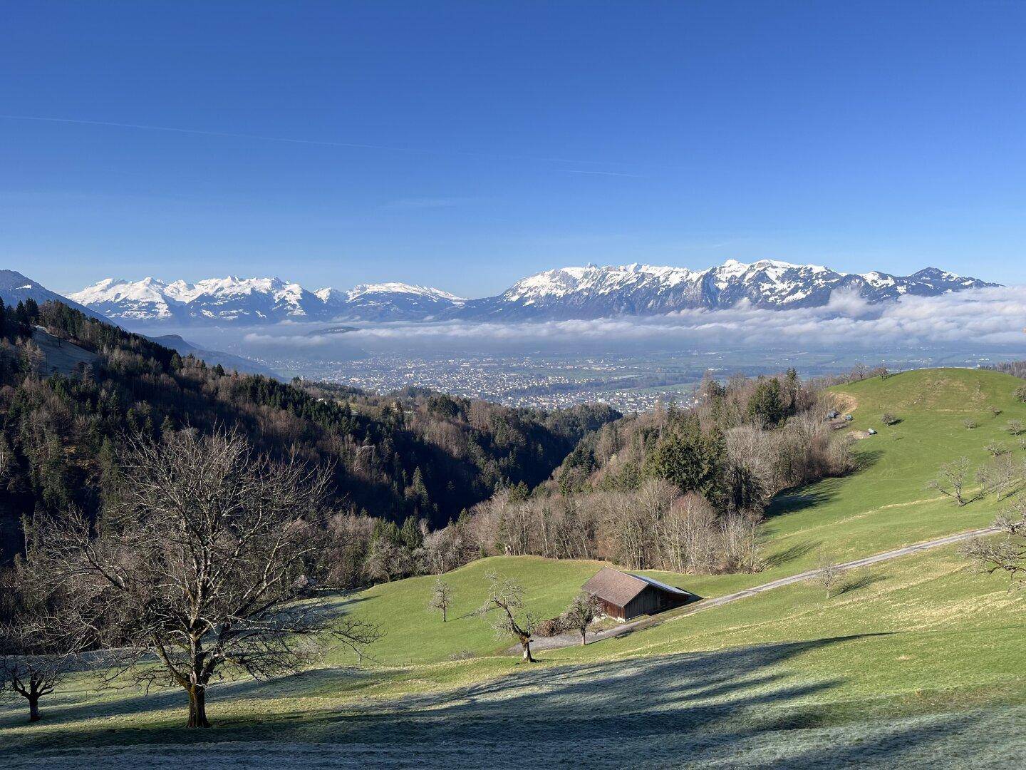 Weitläufige Landschaft mit sanften grünen Hügeln, einem kleinen Haus und majestätischen schneebedeckten Bergen im Hintergrund.