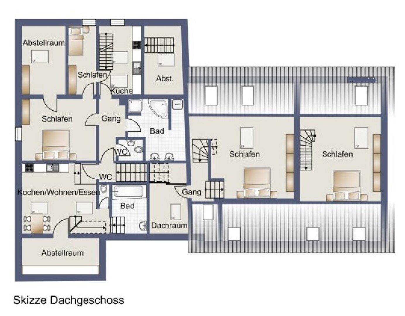 Grundriss des Dachgeschosses mit Schlafzimmern, Bädern, Küche und Abstellräumen unter dem Dach.