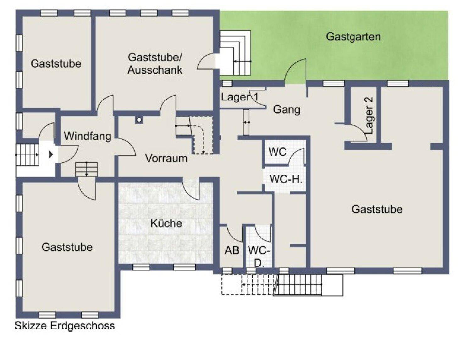 Grundriss des Erdgeschosses mit Gaststuben, Küche, Vorraum und Zugang zum Gastgarten.