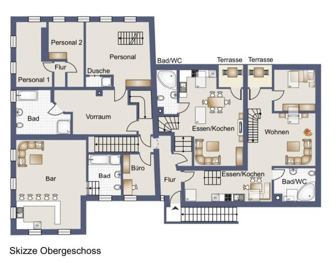 Grundriss des Obergeschosses mit Personalräumen, Bädern, Büro und Wohn-Essbereichen mit Terrassen.