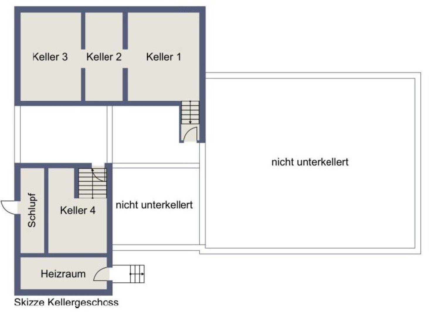 Grundriss des Kellergeschosses mit mehreren Kellerräumen, Heizraum und nicht unterkellerten Bereichen.