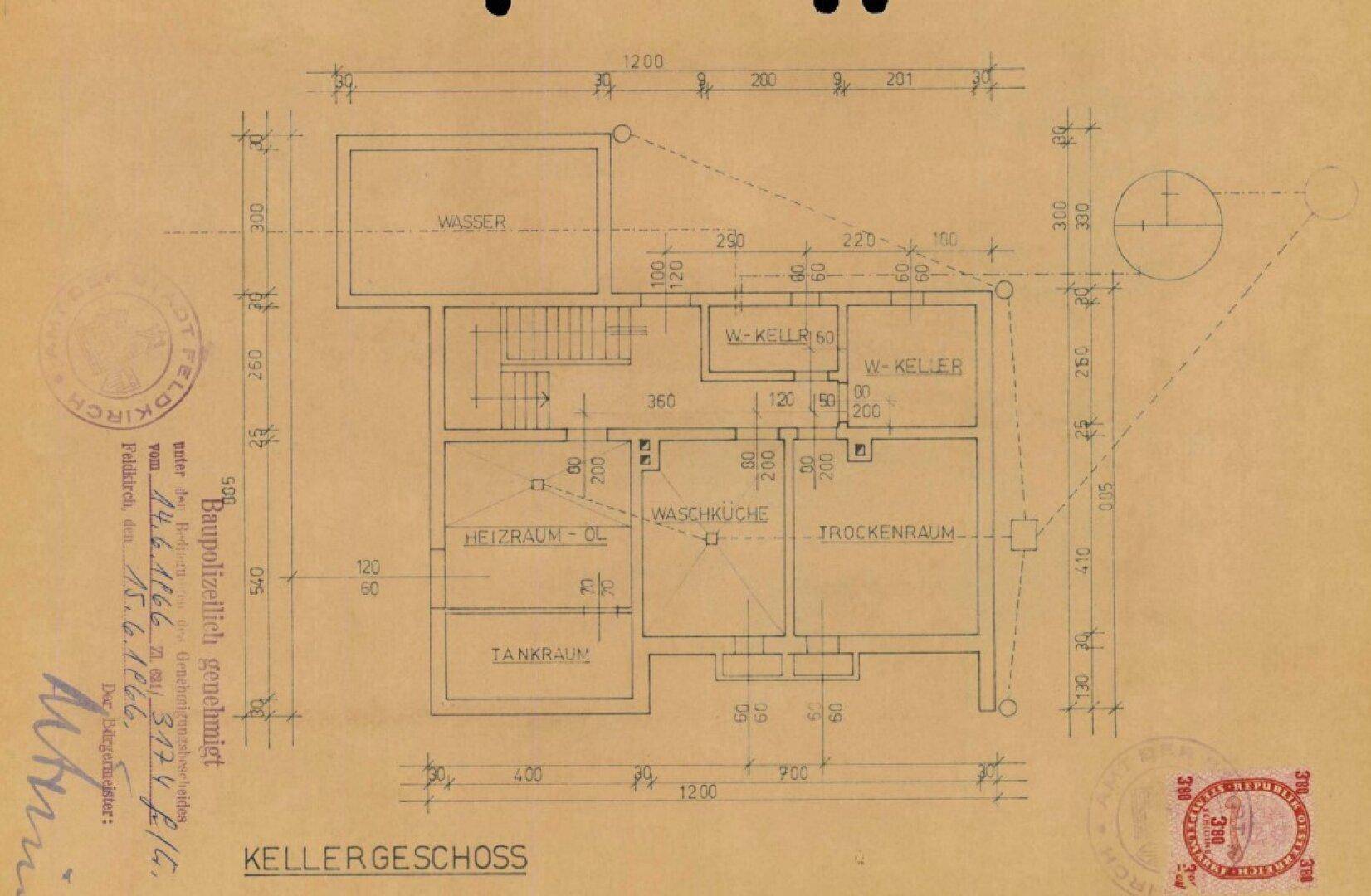 Historischer Grundriss des Kellergeschosses mit Heizraum und Lagerräumen.