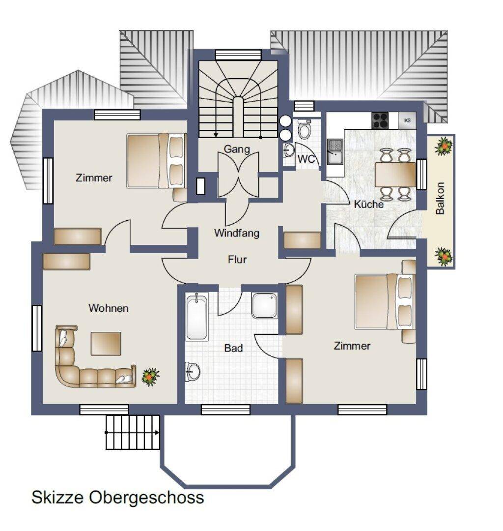 Grundriss des Obergeschosses mit zwei Schlafzimmern, Wohnzimmer, Küche und Balkon.