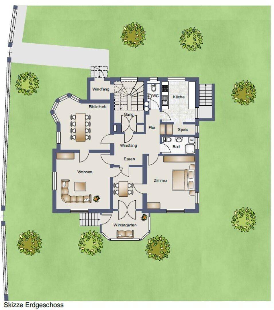 Grundriss des Erdgeschosses mit Wohnzimmer, Essbereich, Küche, Bibliothek und Wintergarten.