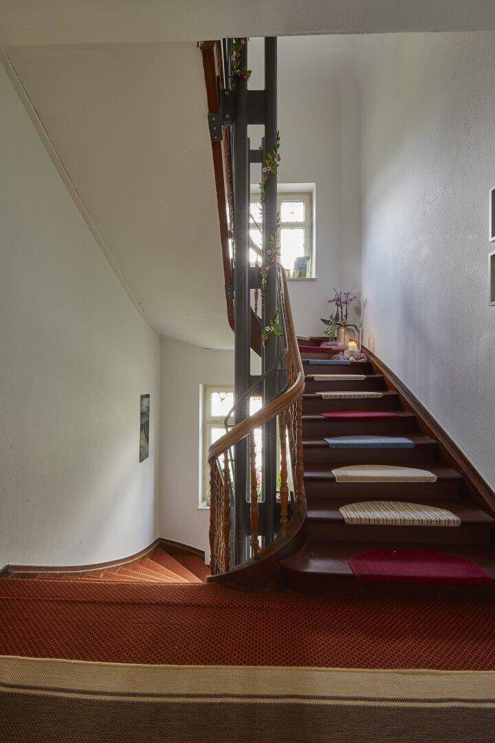 Geschwungenes Treppenhaus mit Holzstufen, Teppichläufern und einem zentralen Aufzugsschacht.