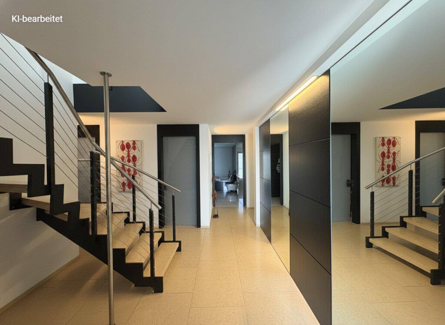 Heller Flur mit moderner Treppe, hellen Fliesen und dunklen Wandpaneelen, die einen eleganten Kontrast bilden.