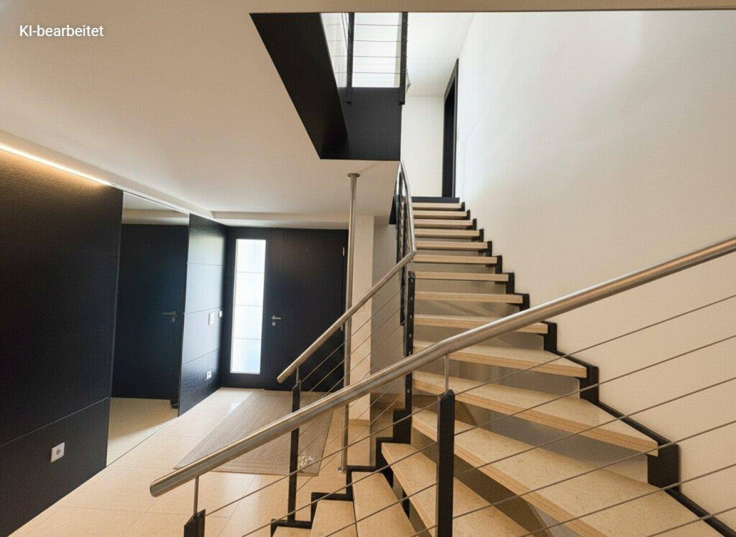 Blick auf die moderne Holztreppe mit elegantem Metallgeländer im hellen Flur des Hauses.